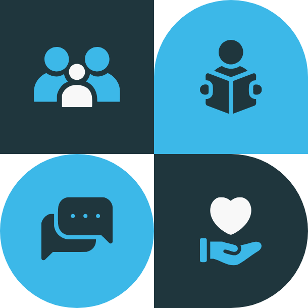 Graphic depicting community and how we support our SEND college students through Inclusion College. There are four sections to the graphic showcasing family, learning, communication and support.