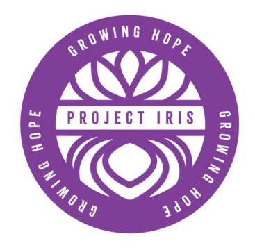 Project Iris logo which is purple with a graphic of a iris in the centre and the words "project iris" across the middle and "Growing hope" three times around the outside in a circle.